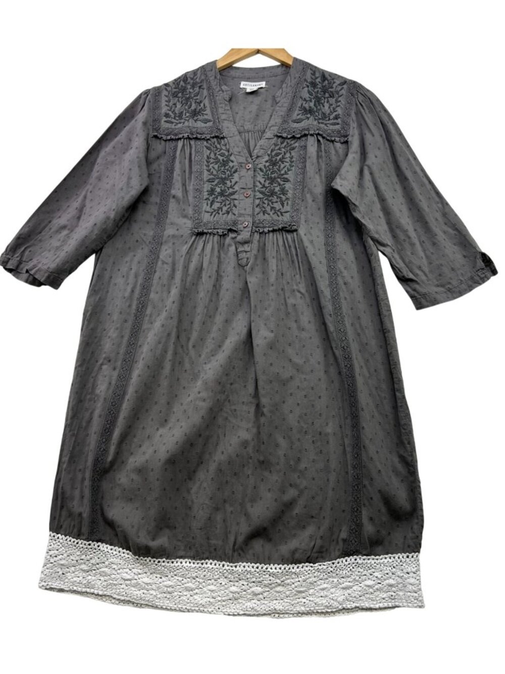 Artisan NY Women's Embroidery Floral Tunic Dress Half Sleeve Sz M Gray Swiss Dot
